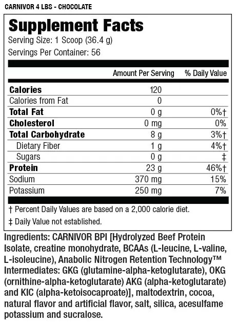 4 lb Carnivor Chocolate supplement with nutrition facts and ingredients including Hydrolyzed Beef Protein Isolate, BCAAs, maltodextrin, cocoa, and sucralose.