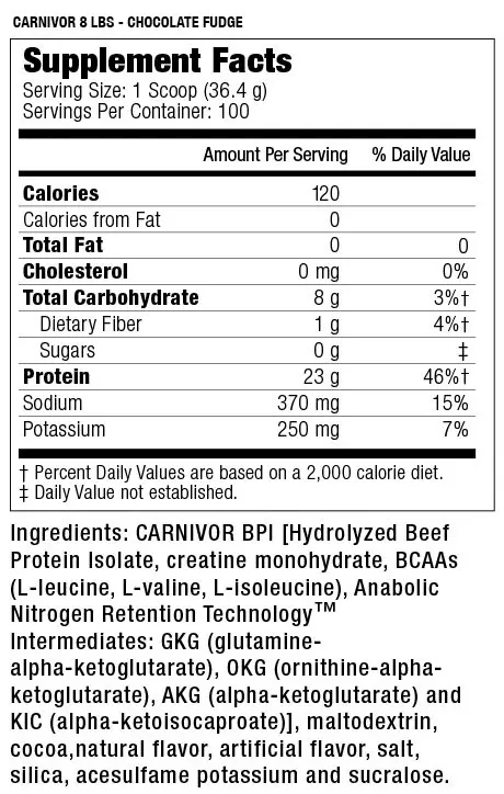 Carnivor 8lbs Chocolate Fudge supplement facts with ingredients such as hydrolyzed beef protein isolate, creatine monohydrate, and BCAAS.