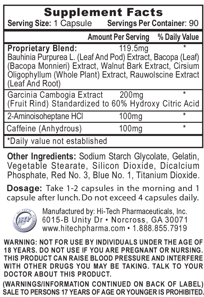 Nutritional label for a 90-capsule supplement containing a proprietary blend, Garcinia Cambogia, and other ingredients. Dosage instructions and warnings included.