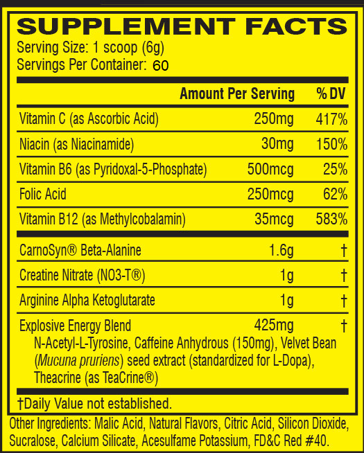 Supplement facts for a 60 serving container. Each scoop contains vitamins C, B6, B12, Niacin, and a blend of energy-boosting ingredients.