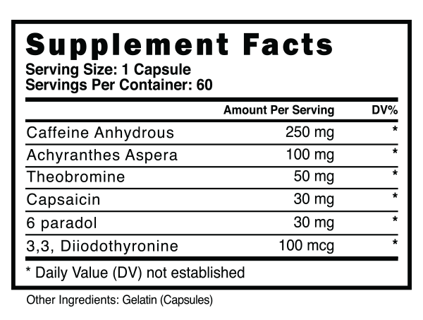 Supplement facts label showing content per capsule: Caffeine Anhydrous 250mg, Achyranthes Aspera 100mg, Theobromine 30mg, etc.