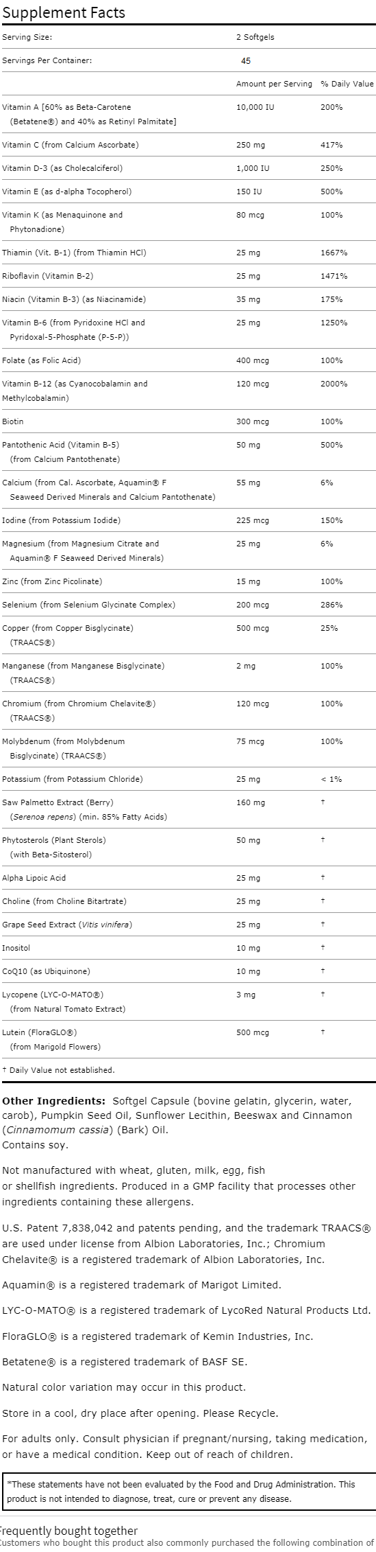 Detailed description of a multivitamin supplement including vitamins, minerals, plant extracts, and daily dosage percentages.