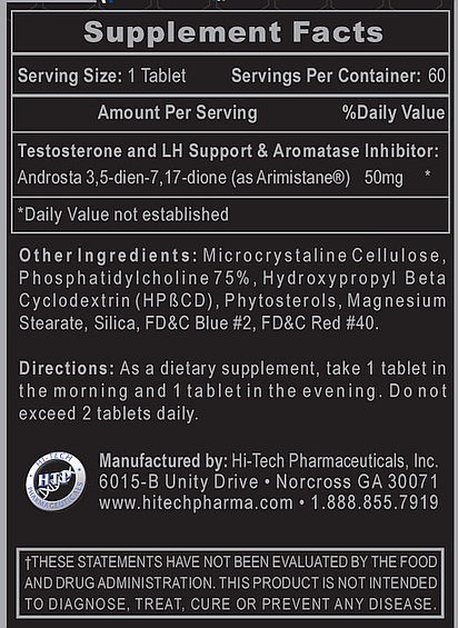 Supplement facts for a 60 tablet container with details on ingredients, dosage, and the manufacturer, Hi-Tech Pharmaceuticals. Not FDA evaluated.