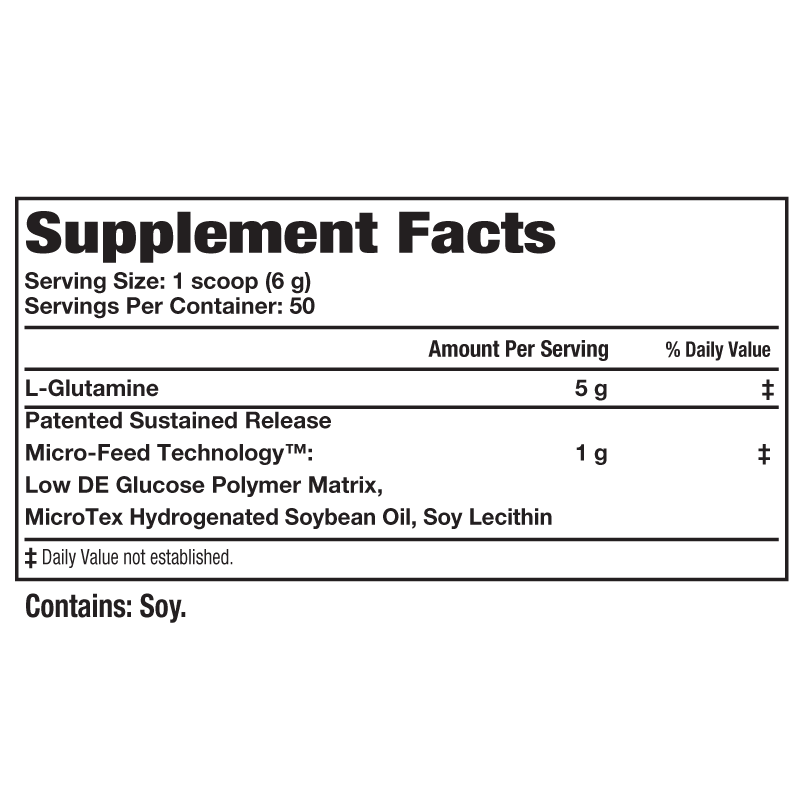 Supplement facts for 1 scoop of a product, indicating 5g of L-Glutamine, patented technology elements, and presence of Soy.