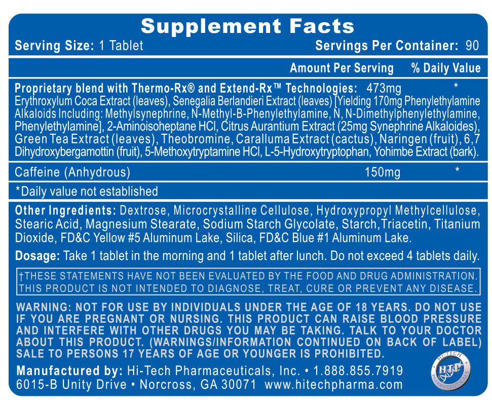 Supplement facts for a product containing Thermo-Rx® and Extend-Rx™ technologies, various plant extracts, caffeine, and other ingredients in tablet form.