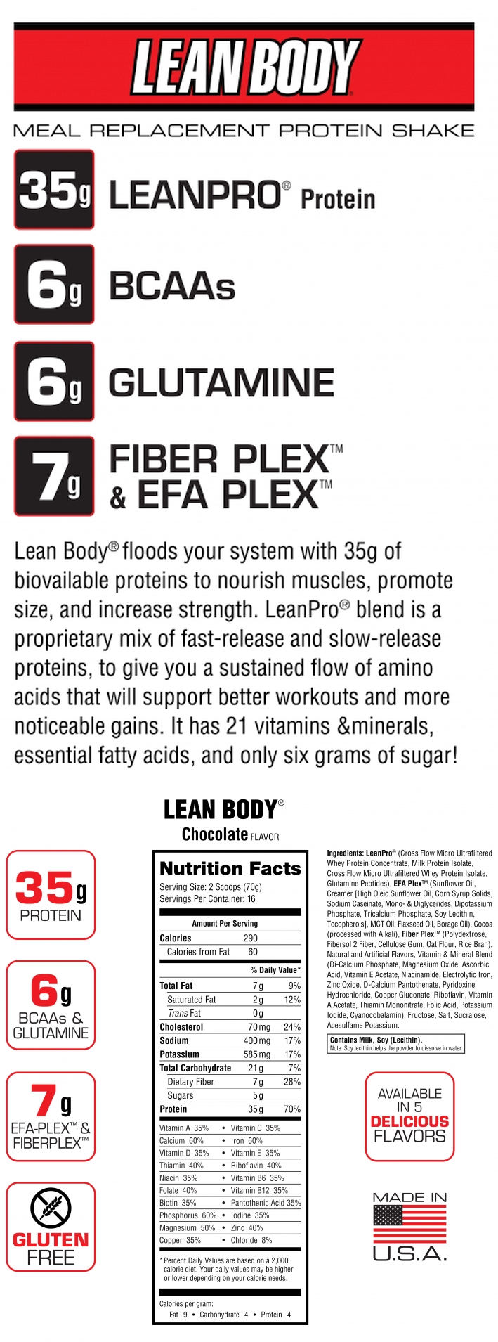 LeanBody® chocolate protein shake contains 35g of protein offering a mix of fast & slow release proteins, vitamins, minerals, EFA Plex™, and Fiber Plex™.