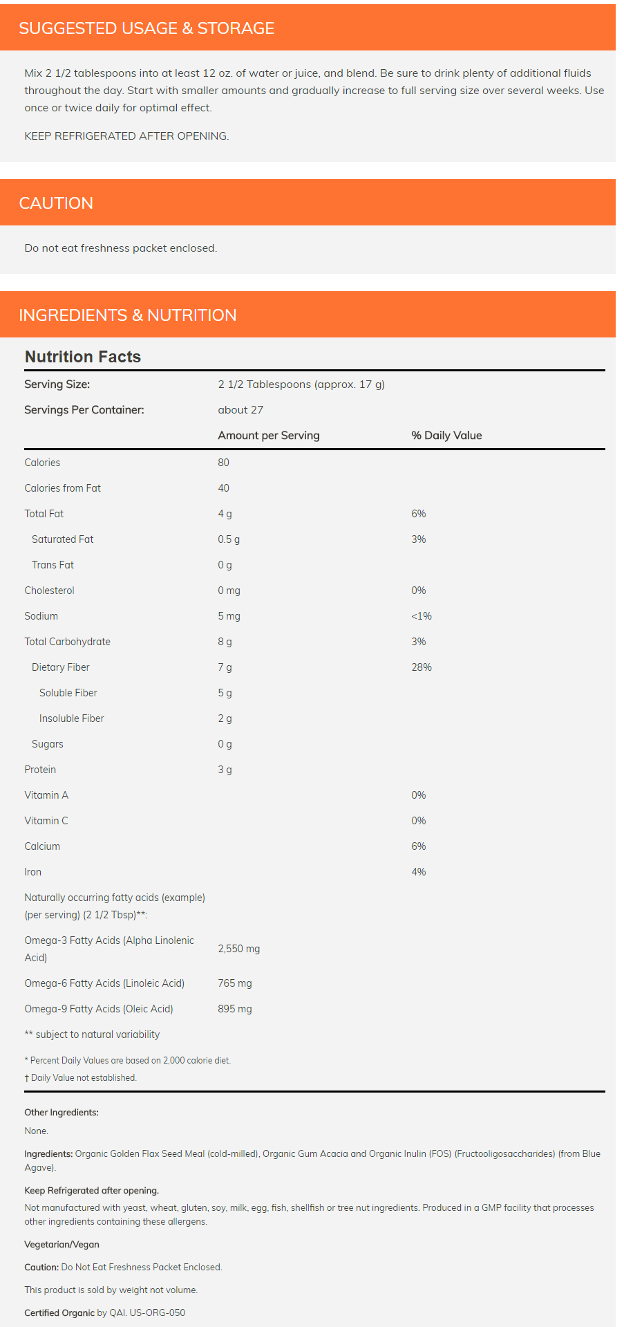 Organic supplement mixing instructions and dietary information, including nutritional content. Warning not to eat enclosed freshness packet.