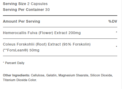 Nutritional info for supplements: 2 capsule serving size, 30 servings per container, key ingredients and percentages.