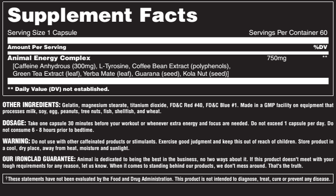Supplement facts for a 60-capsule container. Includes caffeine, L-Tyrosine, coffee and green tea extract, yerba mate and more. Only take one per day.