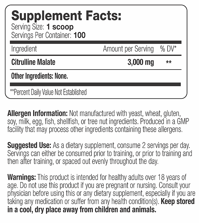 Supplement facts for Citrulline Malate: serving size is one scoop, contains no common allergens. Intended for healthy adults.