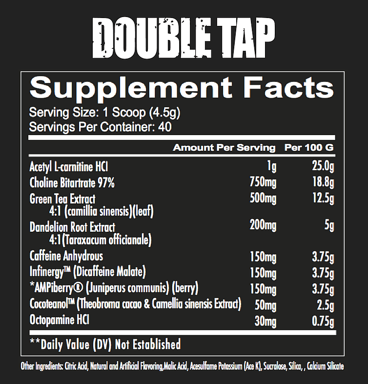 Graphic of DOUBLE TAP supplement facts. Provides details on ingredients serving size, amount per serving, and daily values.