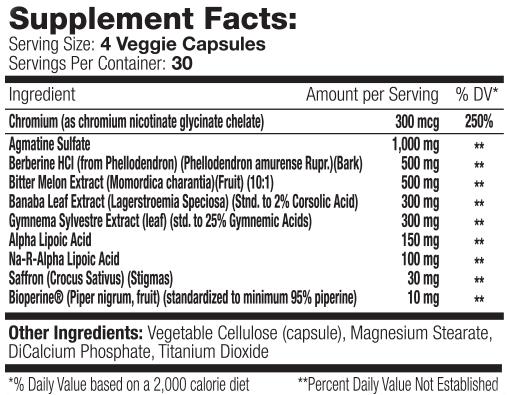 Supplement facts including serving size, ingredients, and daily values for a 4-veggie capsule containing compounds like Berberine HCI, and Alpha Lipoic Acid.