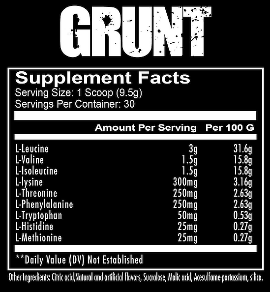 Supplement facts for GRUNT, including per serving & per 100g measurements for 9 amino acids, and additional ingredients.