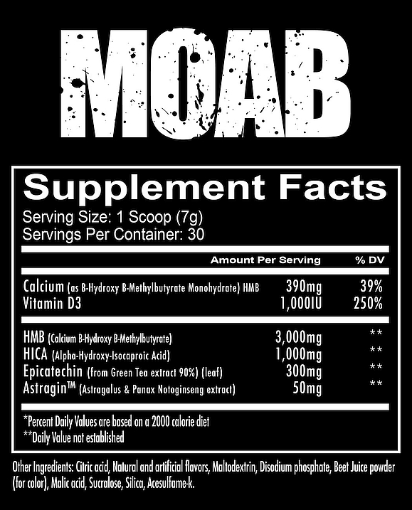 Supplement label for MOAB with information about serving size, ingredients, amounts per serving, and daily values based on a 2000 calorie diet.