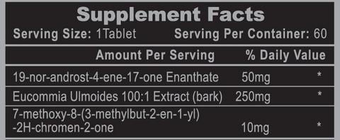 Supplement facts label showing servings, daily values and ingredients including 19-nor-androst-4-ene-17-one Enanthate and Eucommia Ulmoides extract.