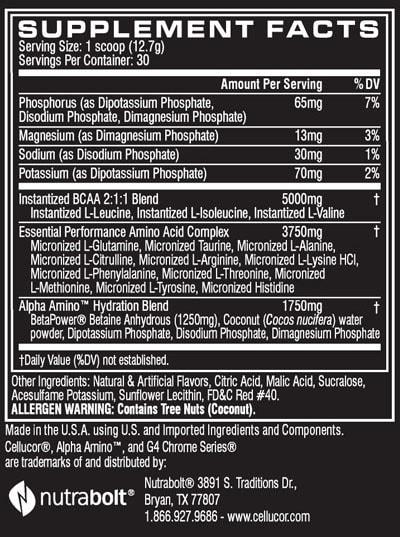 Supplement facts for a 30-serving container of powder with Phosphorus, Magnesium, Sodium, Potassium, BCAAs, Amino Acids and more as listed.