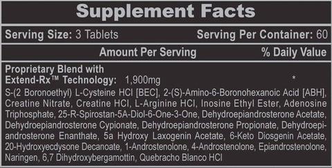 Nutritional label indicating a supplement's serving size, servings per container, and proprietary blend composition.
