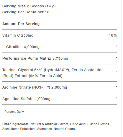 Nutrition label for a supplement showing serving size, ingredients, and percent daily values, including 250mg of Vitamin C.