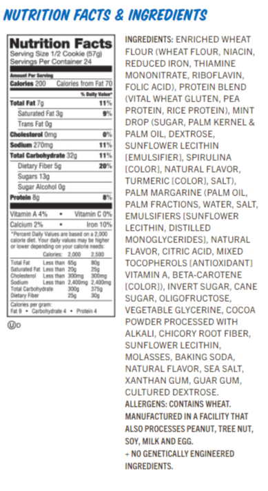 Nutrition facts and ingredients for a cookie. Half a cookie is 200 calories with 70 from fat. Made with wheat flour, proteins, and sugars. Contains wheat.