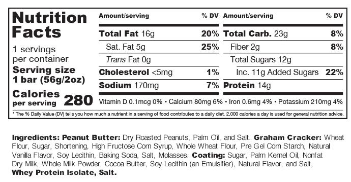 Nutrition facts for 1 bar: 280 calories, 16g fat, 5g sat fat, 0g trans fat, <5mg cholesterol, 170mg sodium, 23g carbs, 14g protein. Ingredients include peanut butter, graham cracker, coating, etc.