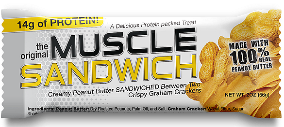 Protein-packed Muscle Sandwich with 14g of protein, featuring creamy peanut butter between two crispy graham crackers.