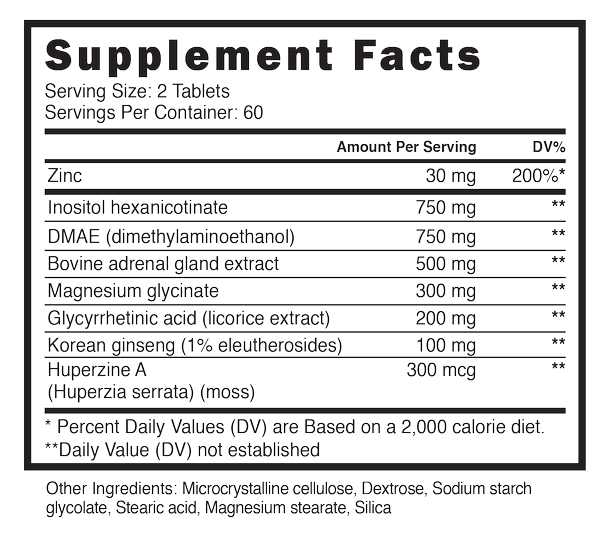 Supplement fact details for 60 tablets with ingredients like Zinc, Inositol hexanicotinate, DMAE, Bovine adrenal gland extract, etc.