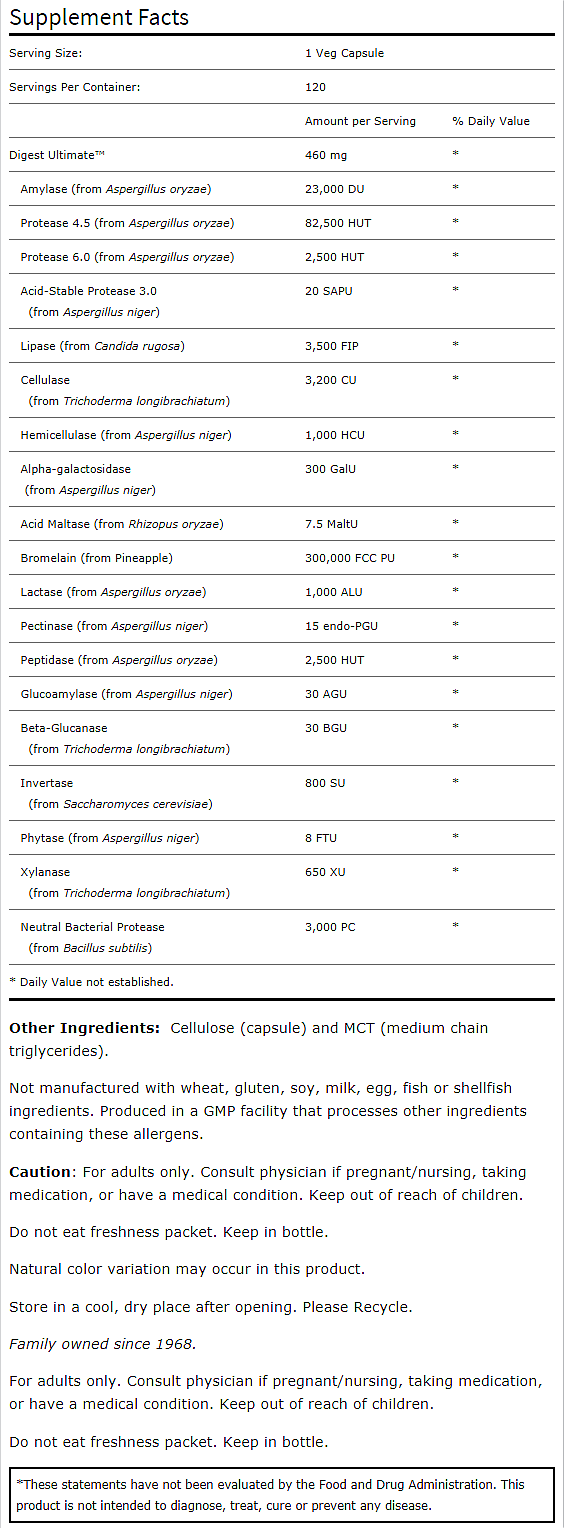 Supplement facts for a digestive health product including a variety of enzymes, non-allergenic ingredients, and caution information.