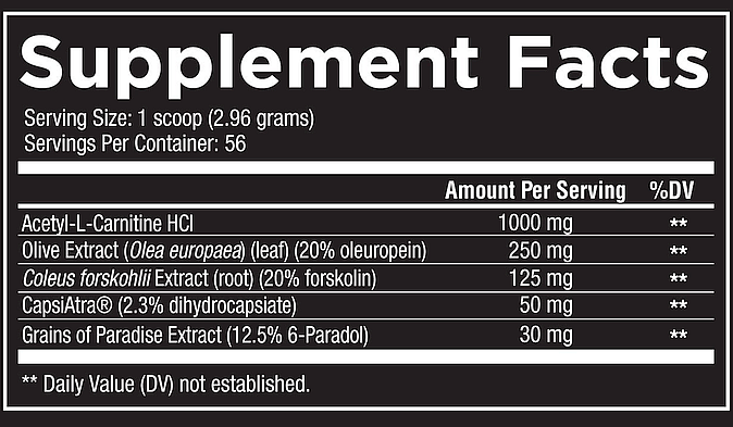 Supplement facts label indicating servings and daily values of Acetyl-L-Carnitine HCI, Olive Extract, Coleus forskohlii, CapsiAtra and Grains of Paradise Extract.
