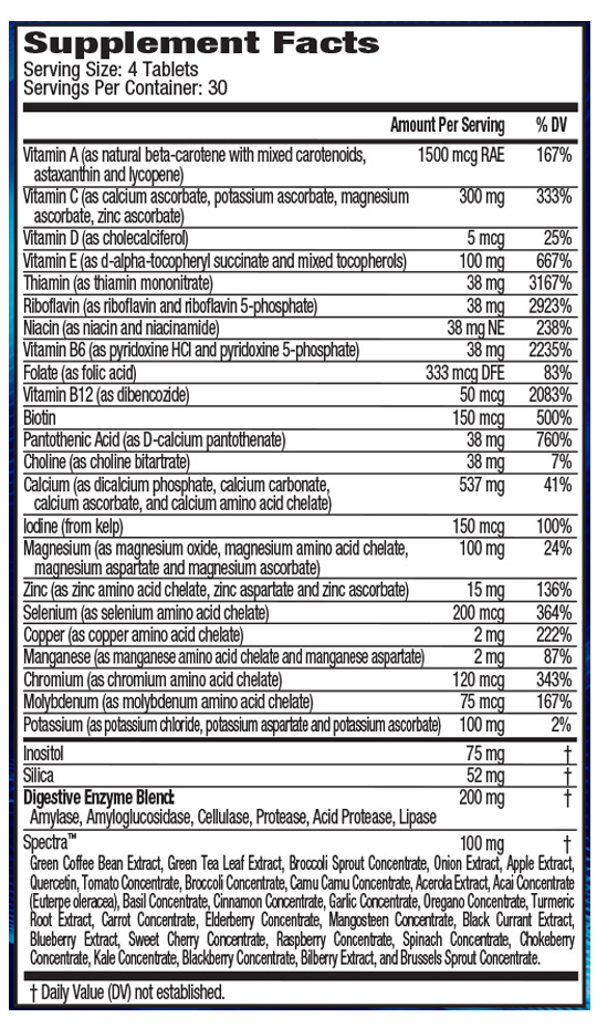 Supplement facts for a 30 serving dietary supplement, including various vitamins, minerals and a digestive enzyme blend, with % daily values.