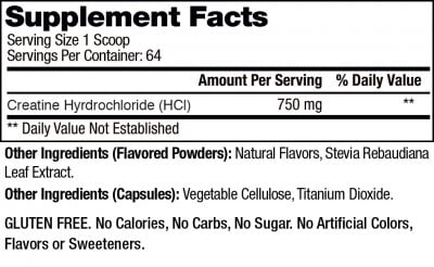 Supplement facts label indicating 750mg Creatine HCI per serving, with natural flavors and stevia. Gluten-free, no calories, carbs or sugar.