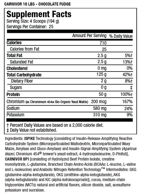 Chocolate Fudge CARNIVOR 10 LBS supplement facts: Serving size 4 scoops, 25 servings/container. Contains 710 calories, dietary fiber and other nutrients.