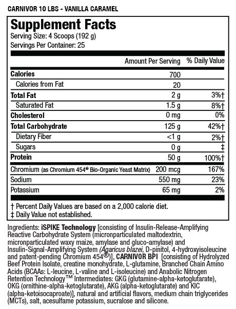 Carnivor Vanilla Caramel supplement - Serving size 4 scoops, 25 servings per 10lbs container - 700cal/serving, 2g fat, 0mg cholesterol, 125g carbs, 50g protein. Contains various vitamins, artificial flavors, and sweeteners.