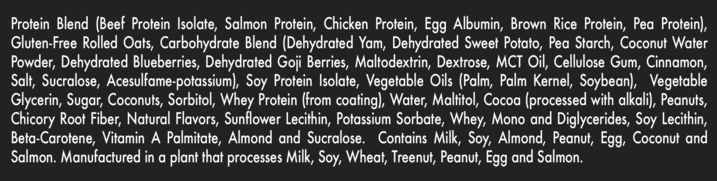 Ingredients list for a protein blend including beef, salmon, chicken, egg, rice, pea proteins, oats, coconut, peanuts, almonds, and more.