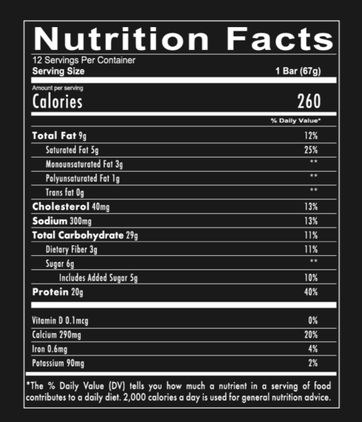 Nutrition label for a 67g bar with 260 calories, 9g total fat, 29g carbs, 20g protein, and various vitamins and minerals.