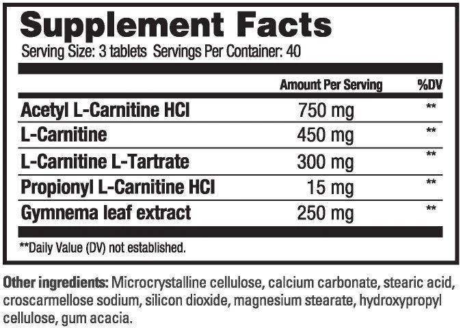 Supplement facts label showing serving size, contents, daily value percentages, and other ingredients for L-Carnitine tablets.