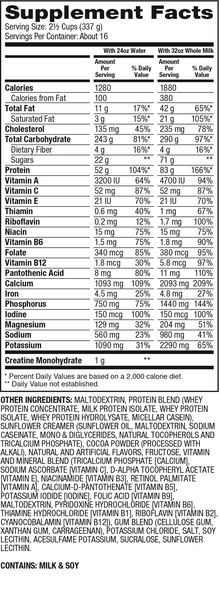 Nutrition facts of a supplement featuring vitamins, protein, and carbohydrates. Prepared with water and milk, contains whey protein and other ingredients.