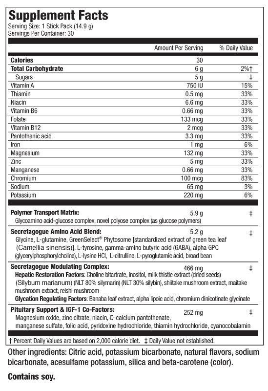 Nutritional supplement facts detailing serving size, calories, carbohydrate, vitamin and mineral content, daily value percentage, and additional ingredients. Contains soy.