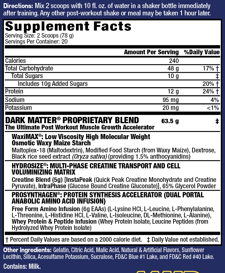 Post-workout supplement mix instructions and nutritional information with proprietary blends for muscle growth and protein synthesis. Contains milk.