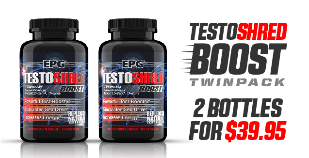 EPG Testoshred Boost dietary supplement; promotes sex drive and energy, contains 120 capsules, twin pack priced at $39.95.