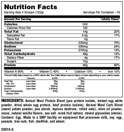 Nutrition facts for a 3-scoop serving size of a meal replacement powder with ingredients. Contains 14g fat, 46g protein and 48g carbs.