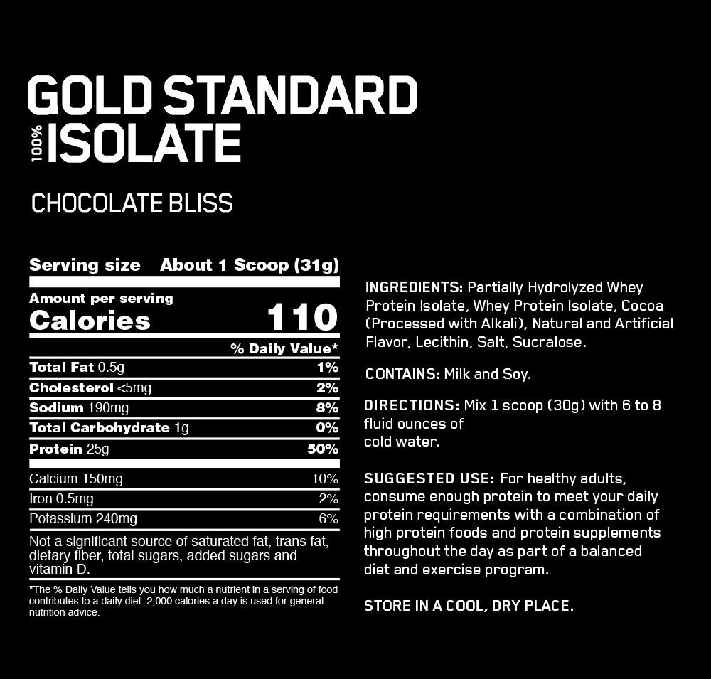 Nutrition summary for Gold Standard Chocolate Bliss: Serving size 1 scoop - 31g, 0.5g fat, 19g carbs, 25g protein, contains milk and soy.