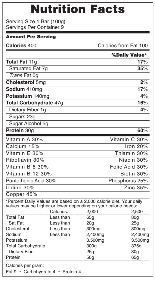 Nutrition information for a 100g bar with 400 calories, enriched with several vitamins and minerals, with 30g protein and 23g sugars.