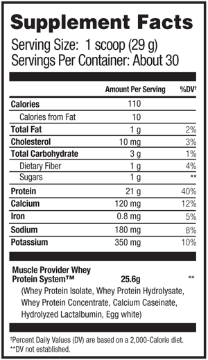 Nutritional information for a serving of Muscle Provider Whey Protein System™ including calories, fats, carbohydrates, and protein content.