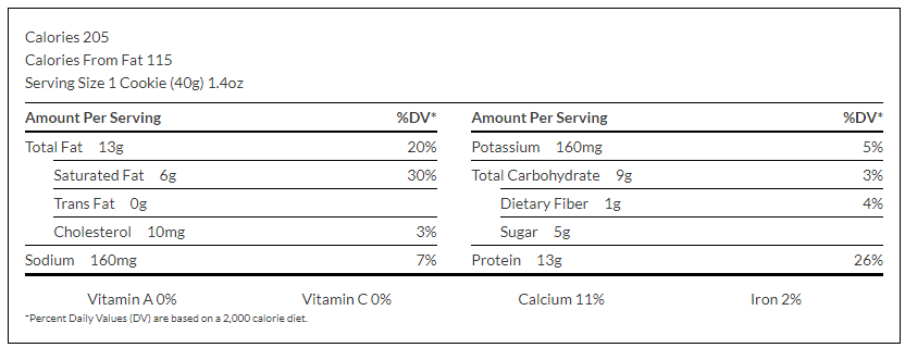Nutritional information for a 40g cookie: 205 calories, 13g total fat, 6g saturated fat, 10mg cholesterol, 160mg sodium, 9g carbohydrates, 5g sugar, 13g protein.