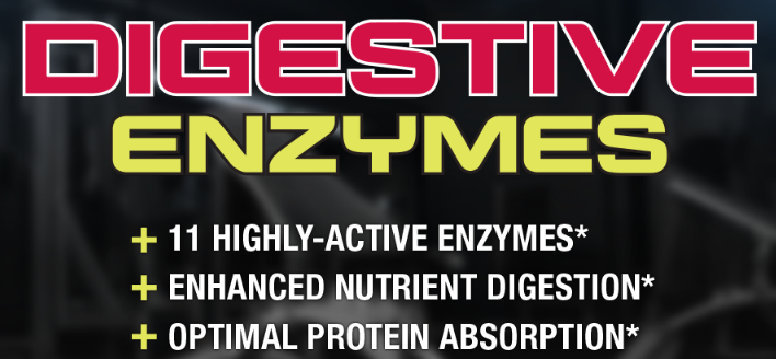 Bottle of digestive enzymes supplement with 11 active enzymes, promotes nutrient digestion and protein absorption.
