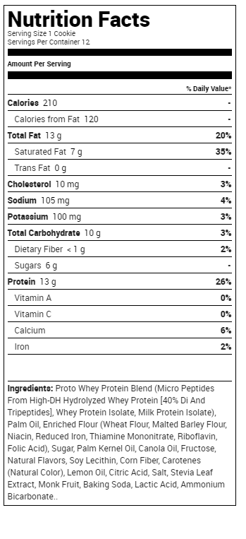 Nutrition facts and ingredients for a protein cookie; 210 calories, 13g fat, 13g protein, 10g carbs per serving. High in Vitamin A & C.