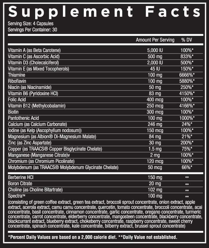 Supplement facts for a 30-serving bottle of capsules containing various vitamins, minerals, and extracts such as Vitamin A, C, D3, E, Berberine, Boron, and Choline.