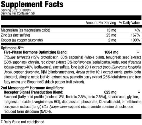 Summary of dietary supplement facts displaying serving size, ingredients, and their respective daily value percentages.