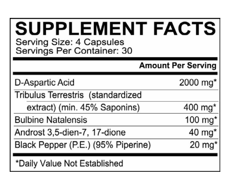 Supplement facts detailing serving size, servings per container, and amount per serving of various ingredients.