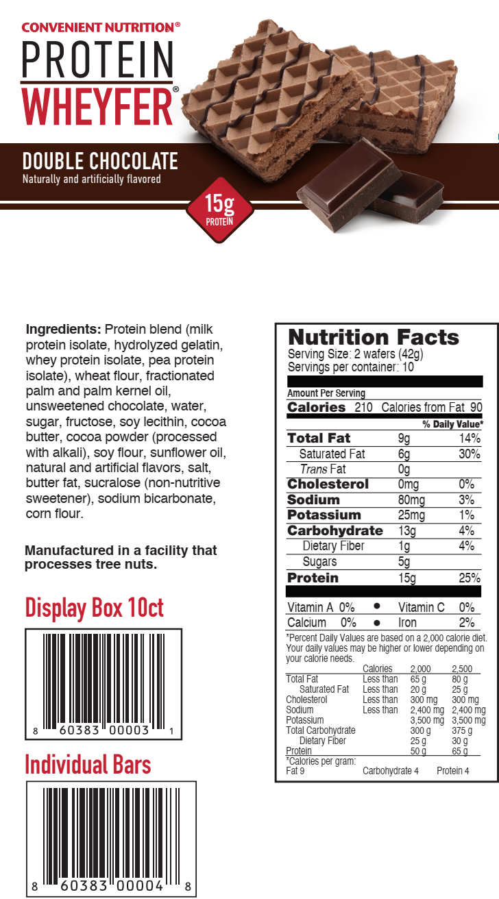 Convenient Nutrition Protein Wheyfer in double chocolate flavor contains 15g protein per serving with 210 calories. Manufactured in a tree nut facility.